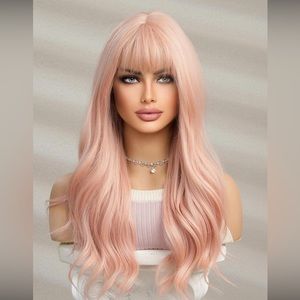 Coral pink flat bangs long curly hair full mechanism 24 inch  wig